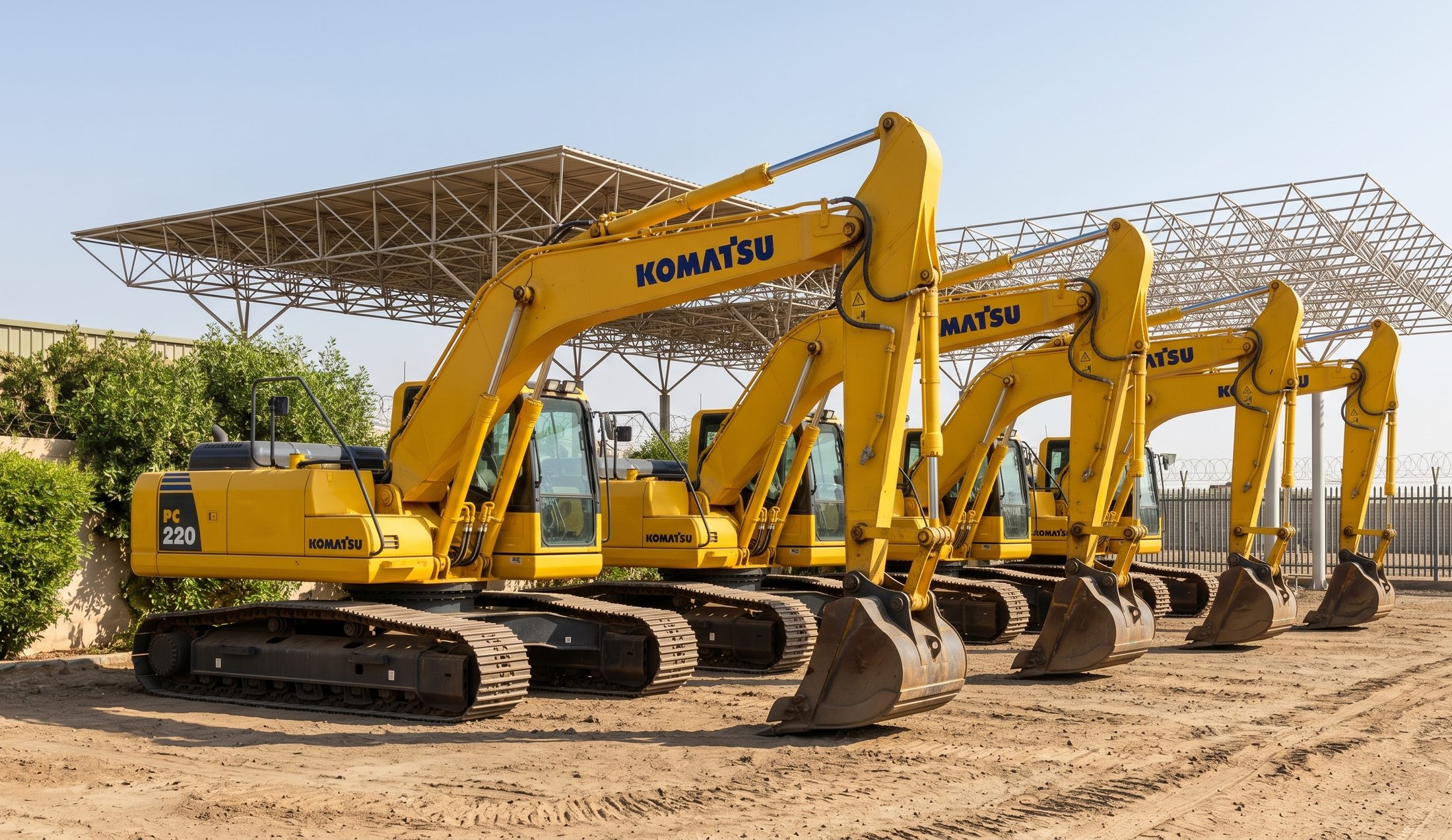 Komatsu PC220 excavator fleet lined up for rental in UAE