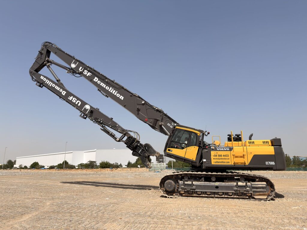 Volvo EC750DL long reach demolition excavator with USF branding